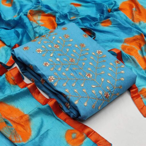 Pretty Blue Colored Festive Wear Embroidered Handloom Cotton Dress Material