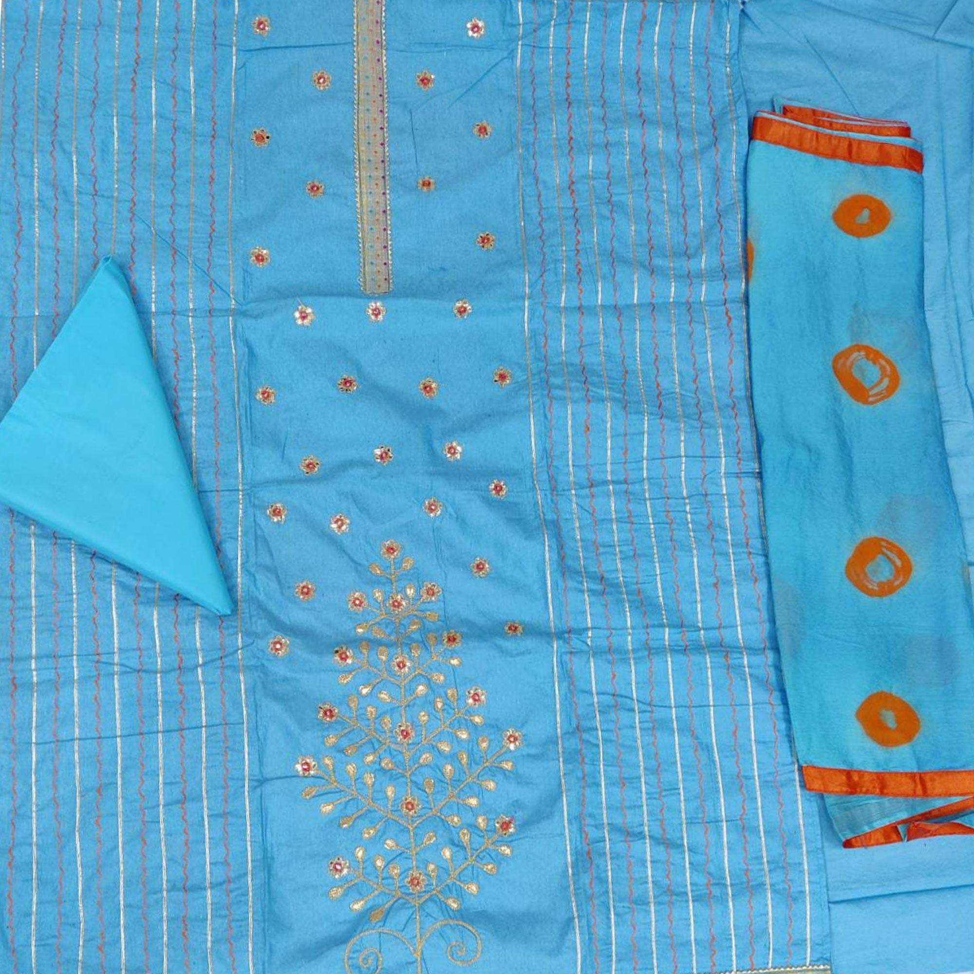 Pretty Blue Colored Festive Wear Embroidered Handloom Cotton Dress Material - Image 2