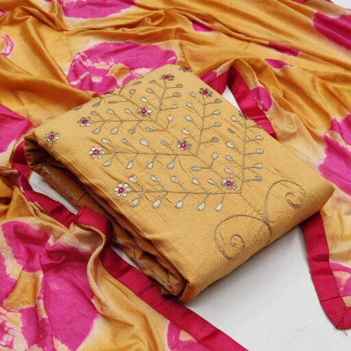 Flaunt Mustard Colored Festive Wear Embroidered Handloom Cotton Dress Material