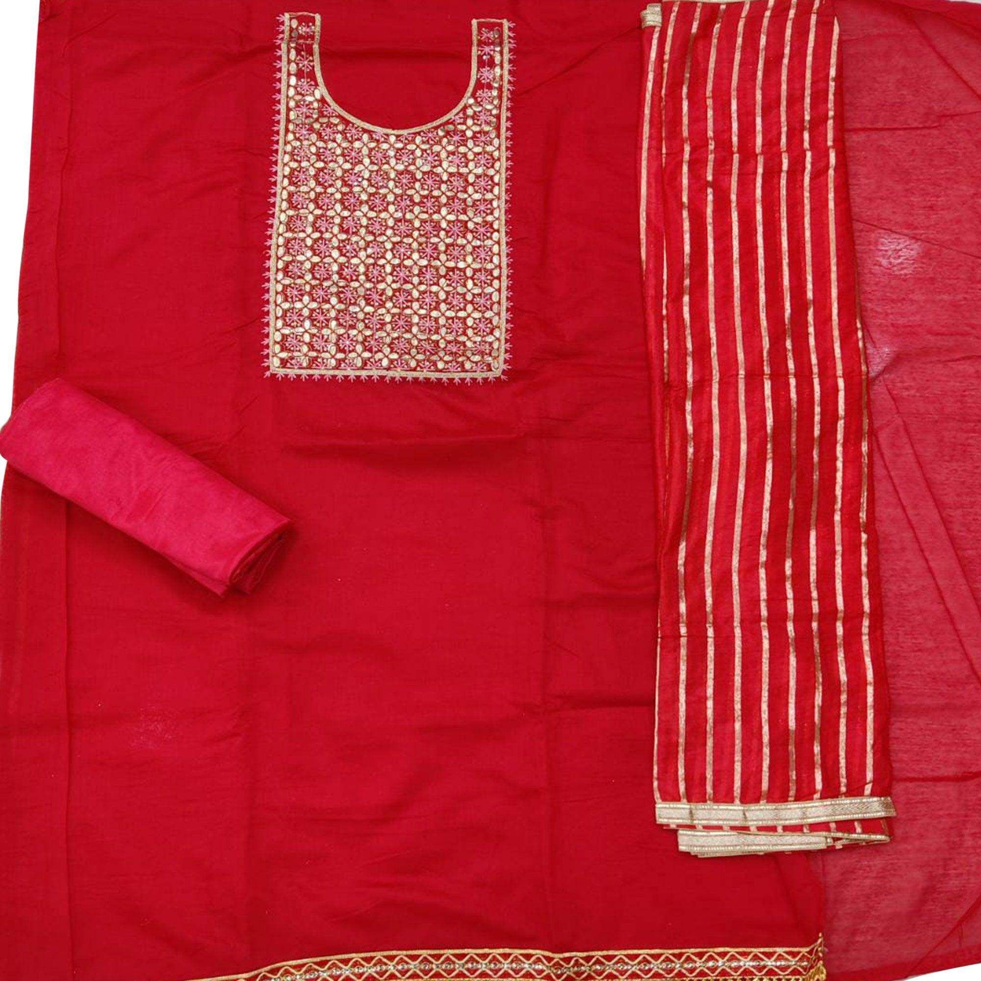 Classy Red Colored Festive Wear Embroidered Heavy Modal Silk Dress Material - Image 2