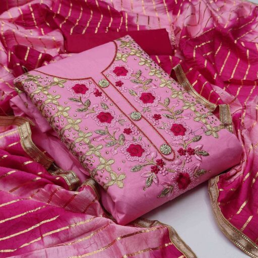 Pink Casual Wear Floral Embroidery With Hand Work Cotton Dress Material