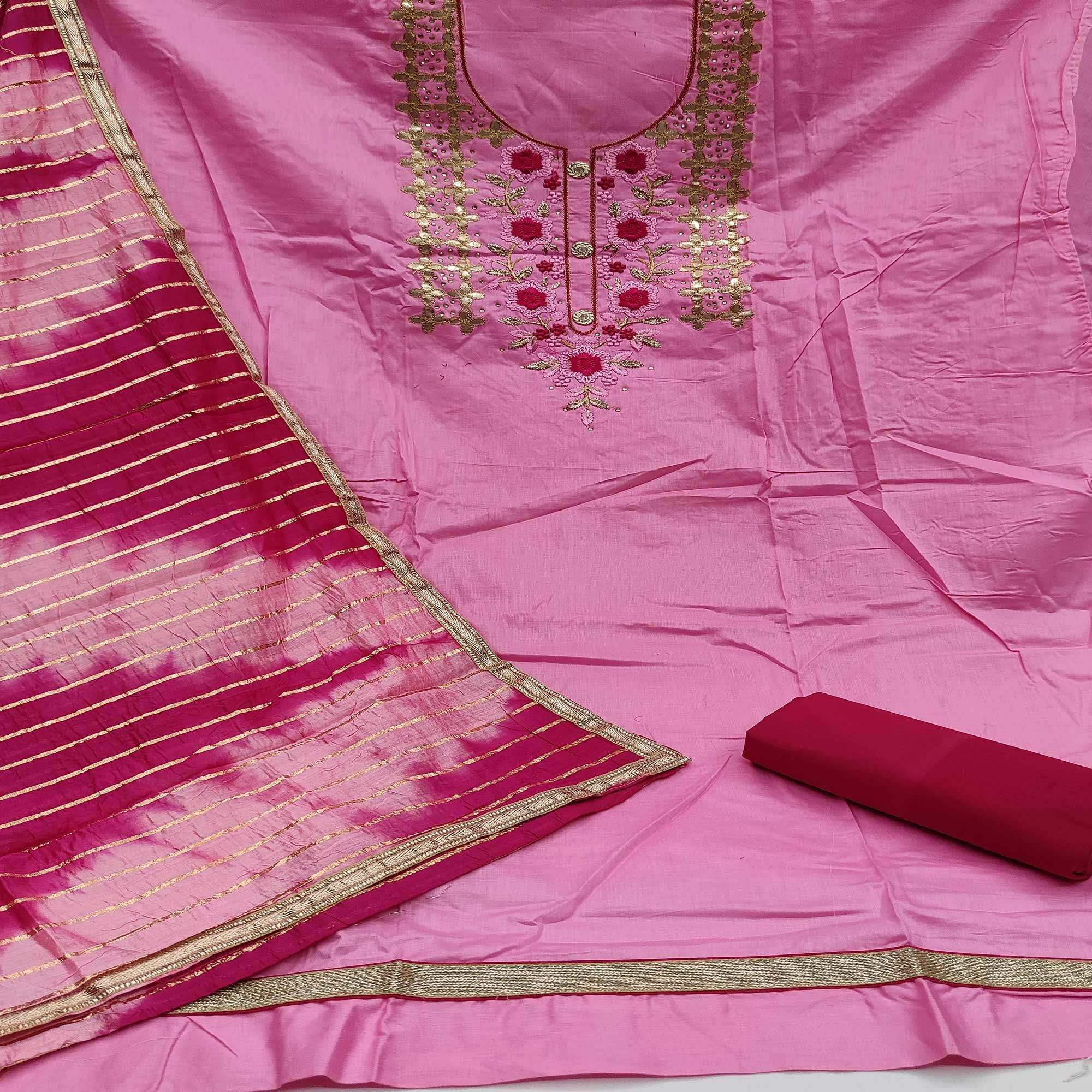 Pink Casual Wear Floral Embroidery With Hand Work Cotton Dress Material - Image 2