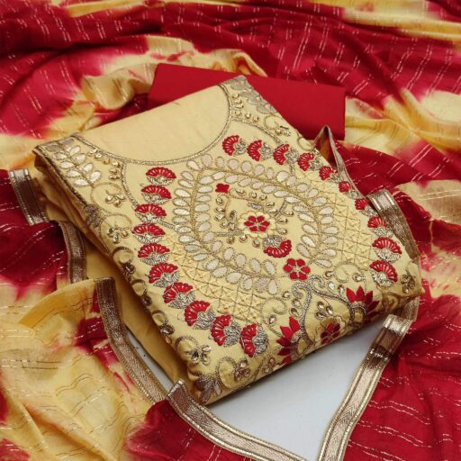 Yellow Casual Wear Floral Embroidery With Hand Work Cotton Dress Material