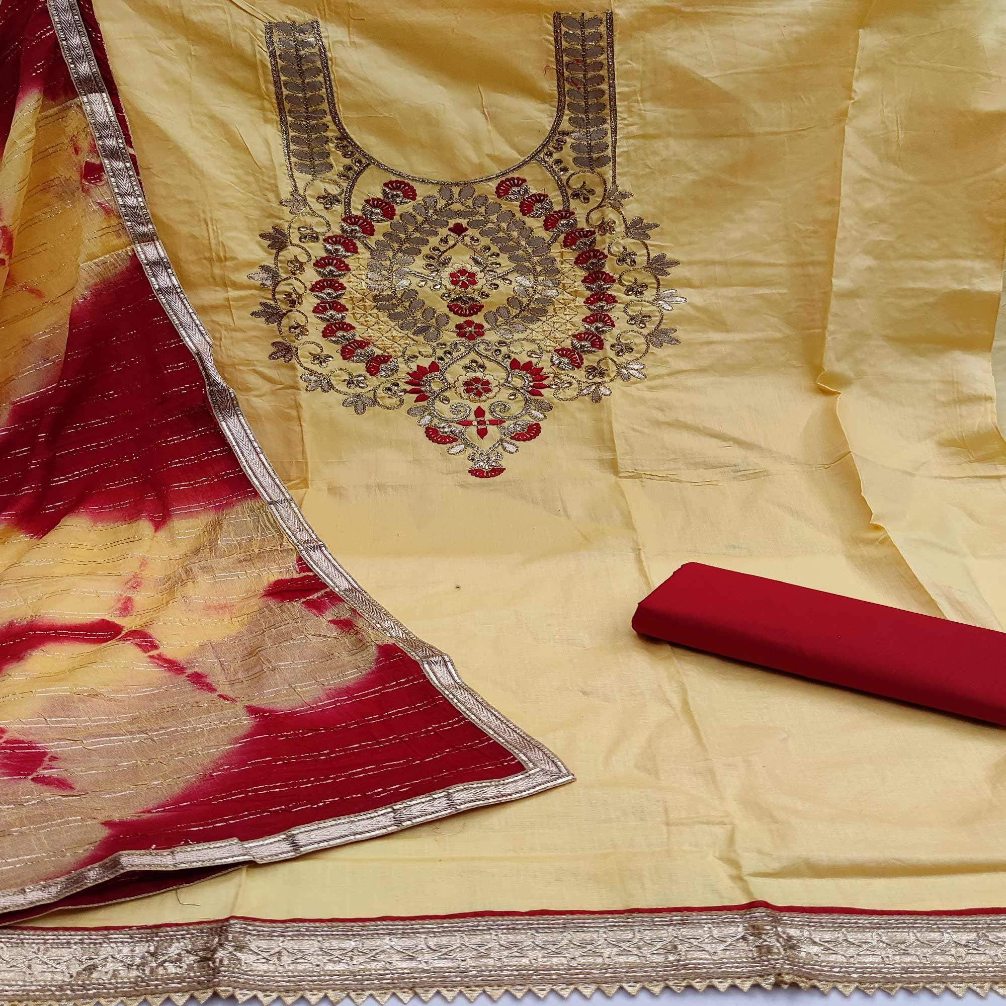 Yellow Casual Wear Floral Embroidery With Hand Work Cotton Dress Material - Image 2