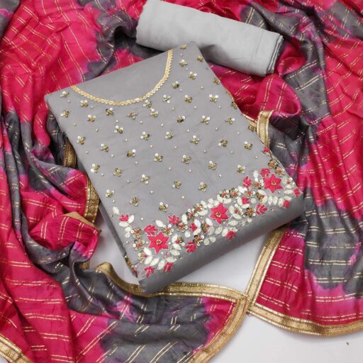 Grey Festive Wear Floral Handwork Modal Chanderi Dress Material