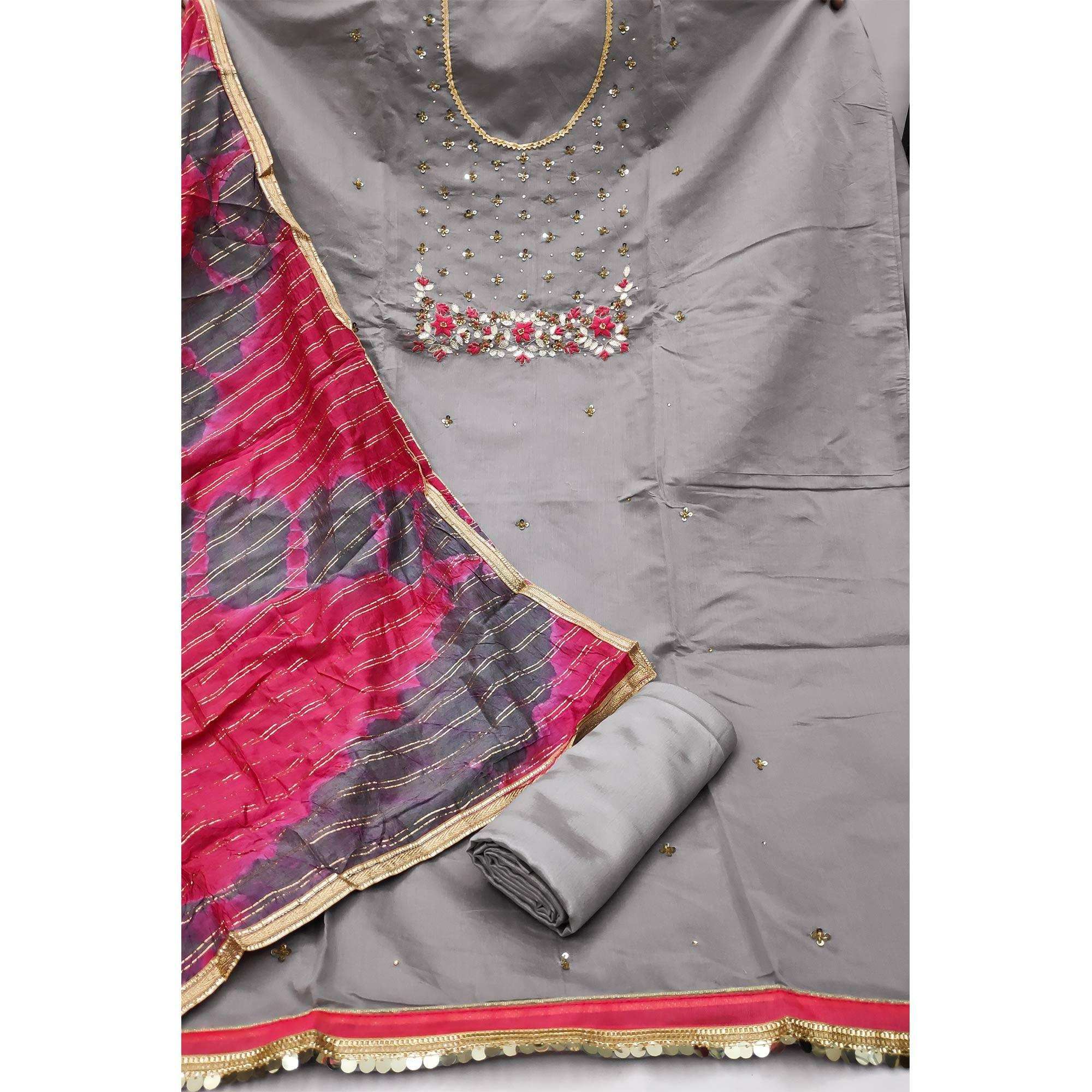 Grey Festive Wear Floral Handwork Modal Chanderi Dress Material - Image 2