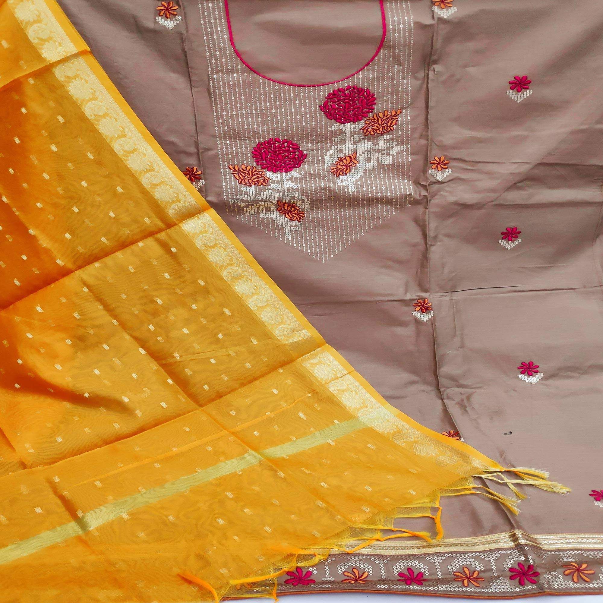 Light Brown Festive Wear Floral Embroidered Cotton Dress Material - Image 2