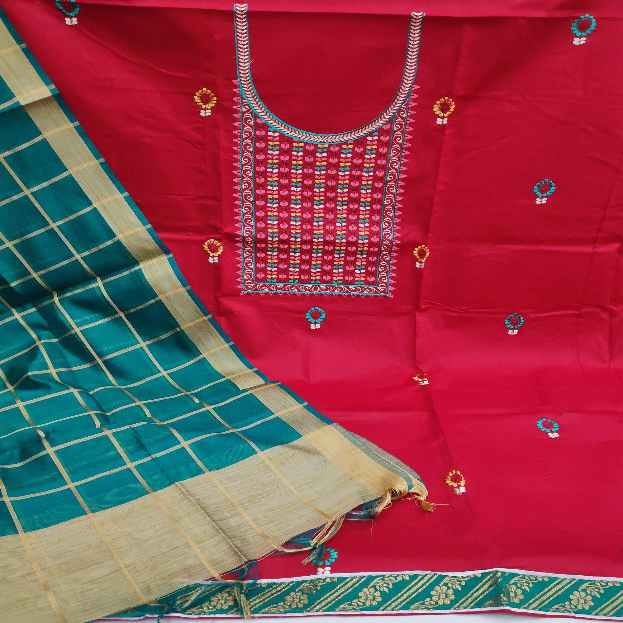 Red Festive Wear Floral Embroidered Cotton Dress Material - Image 2