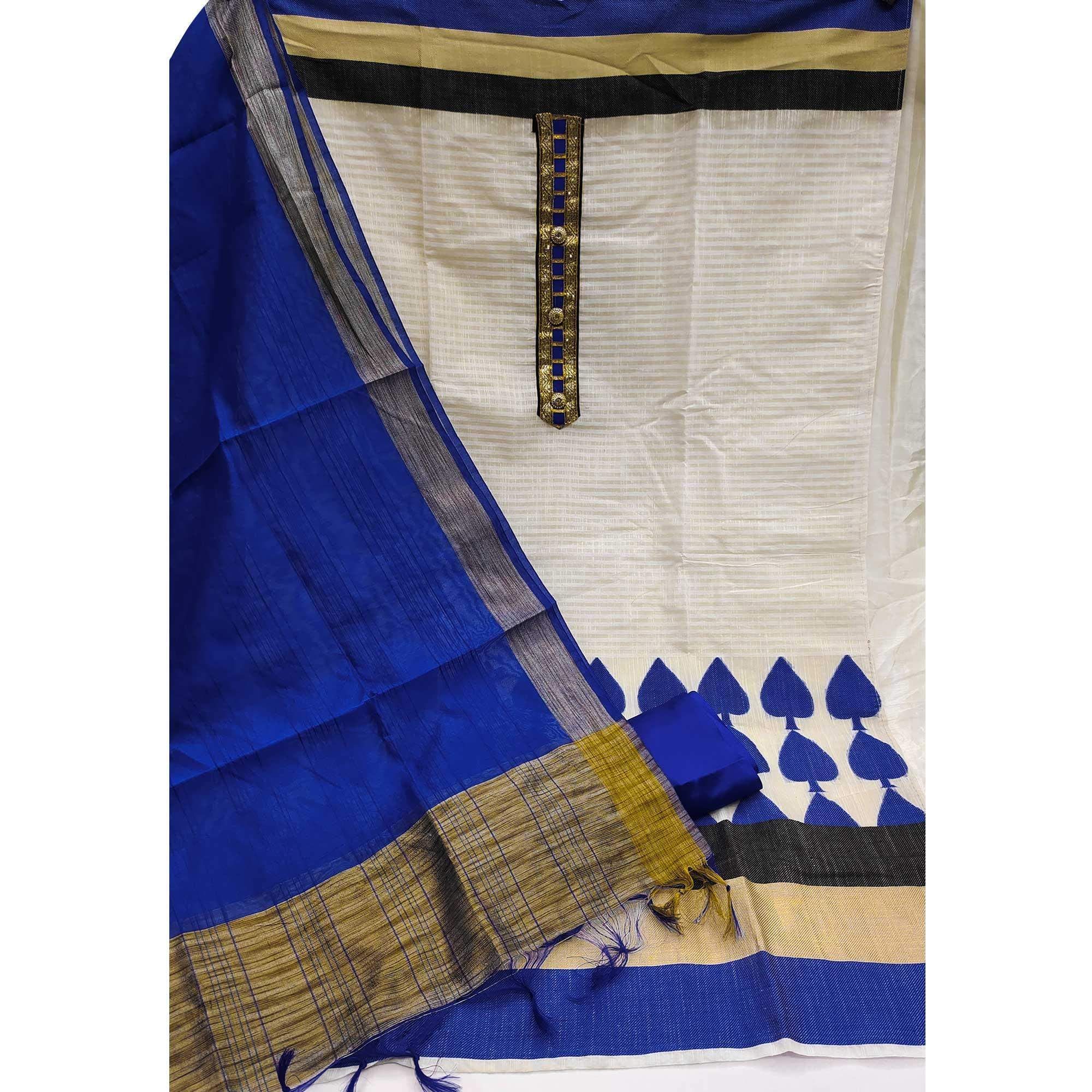 Off-White Festive Wear Woven Banarasi Silk Jacquard Dress Material - Image 2