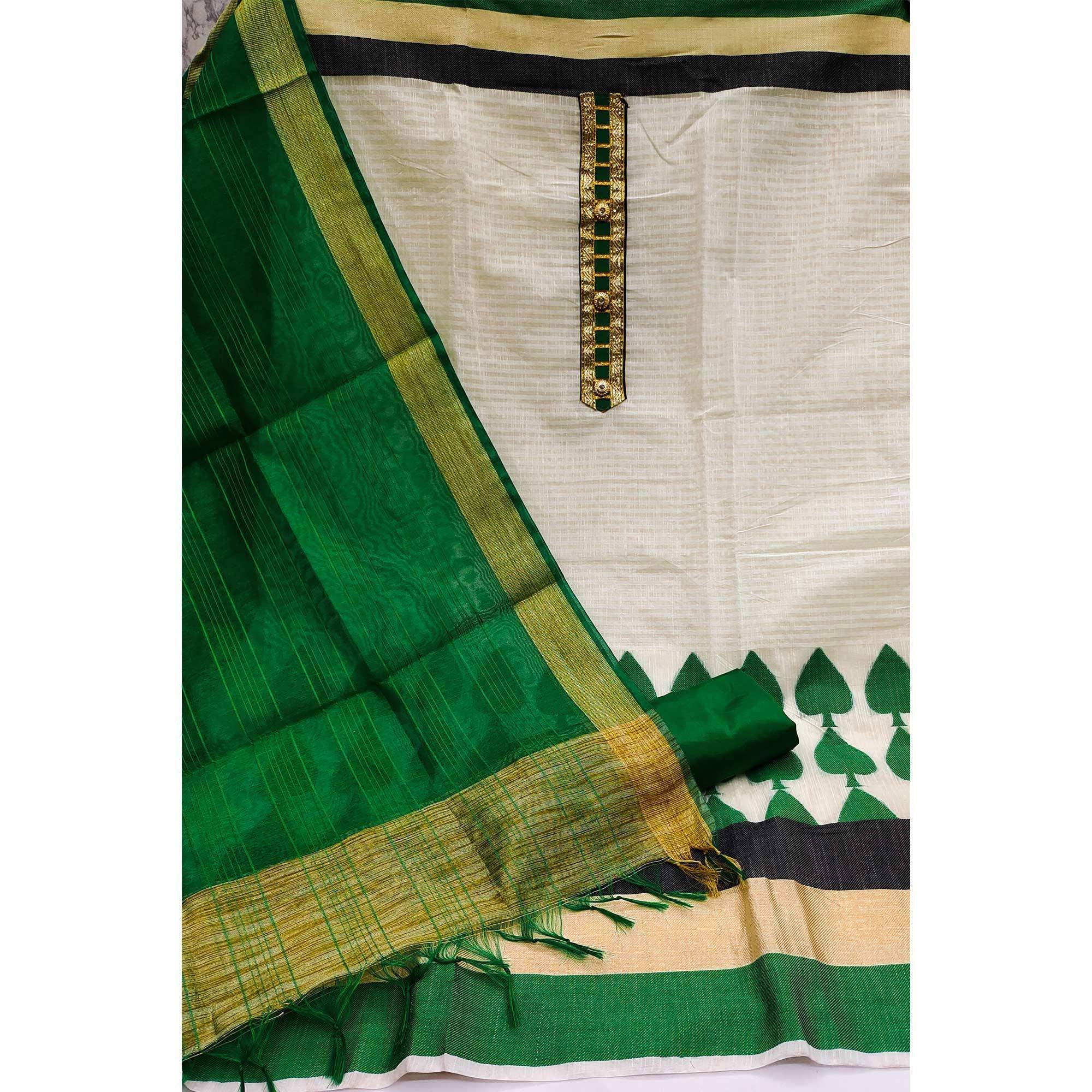 Off-White Festive Wear Woven Banarasi Silk Jacquard Dress Material - Image 2