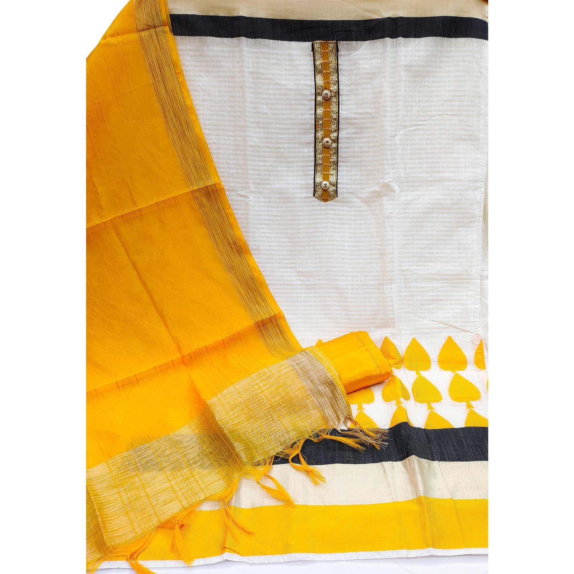 Off-White Festive Wear Woven Banarasi Silk Jacquard Dress Material - Image 2
