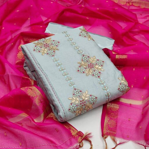 Grey Festive Wear Embroidered Chanderi Dress Material