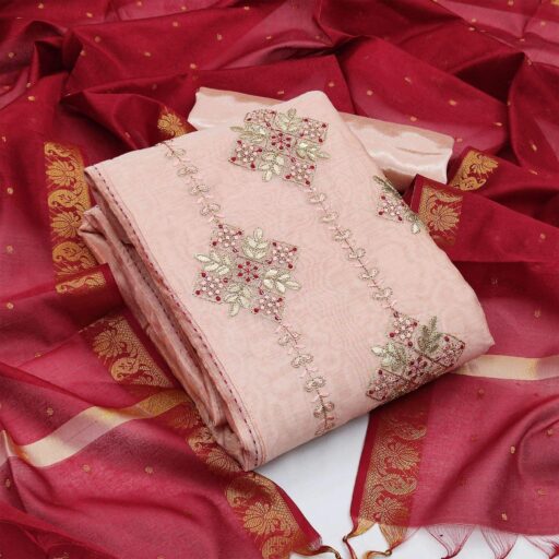 Peach Festive Wear Embroidered Chanderi Dress Material