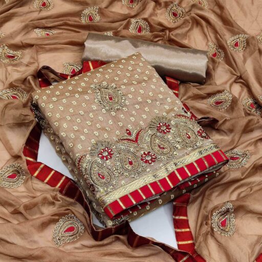 Brown Festive Wear Embroidered Fancy Dress Material