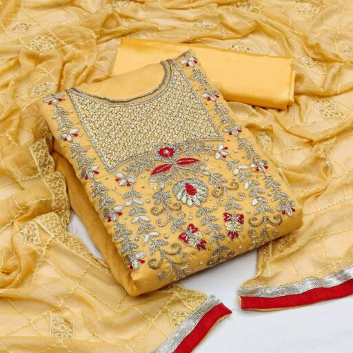 Yellow Festive Wear Hand Work Modal Chanderi Dress Material