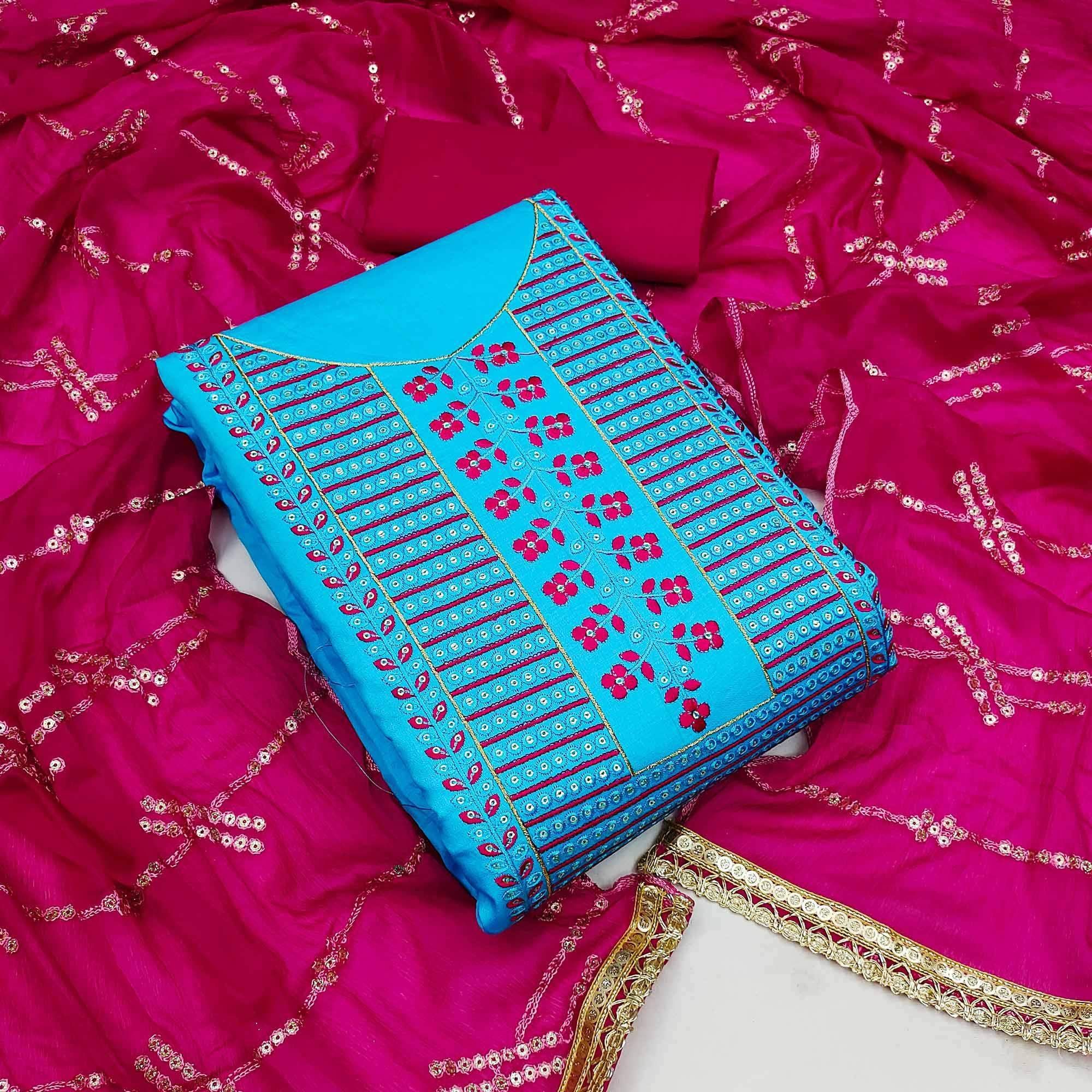 Blue Festive Wear Sequence Embroidered Cotton Dress Material