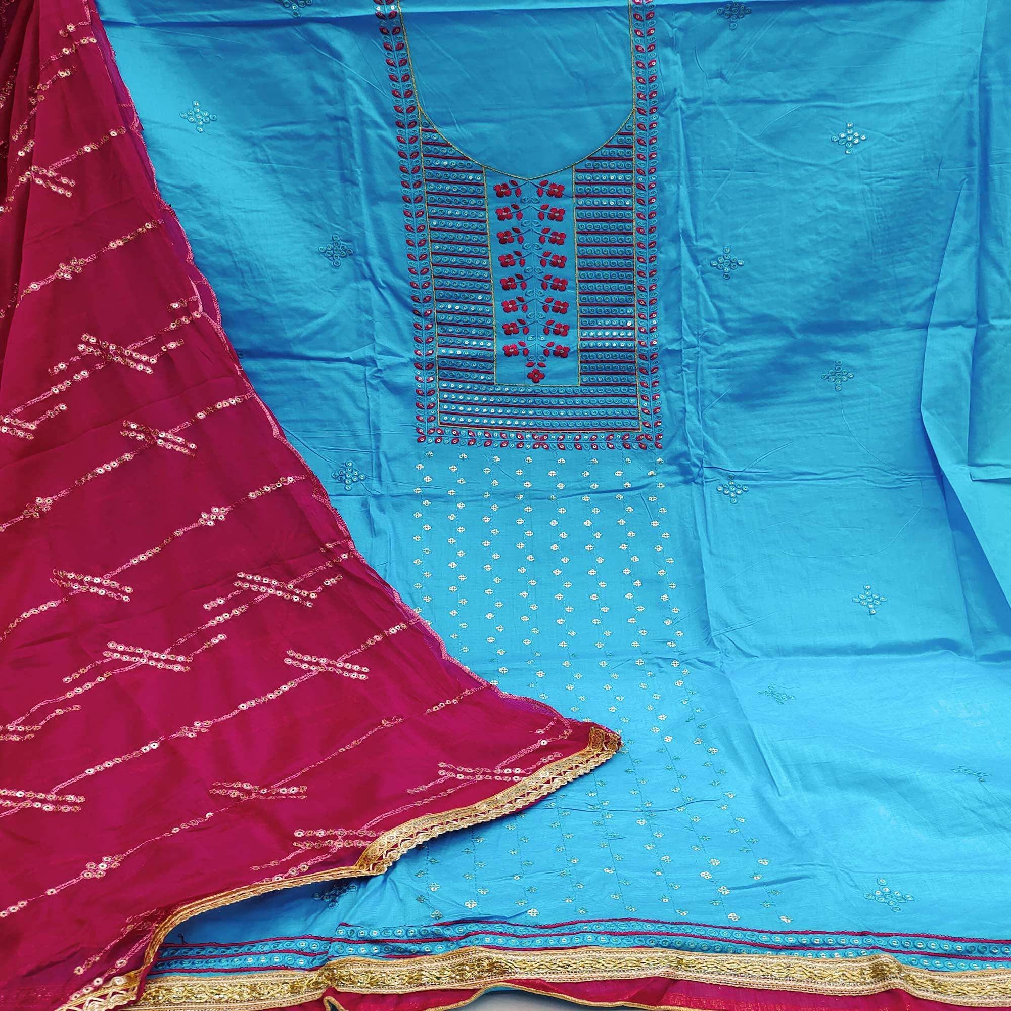 Blue Festive Wear Sequence Embroidered Cotton Dress Material - Image 2