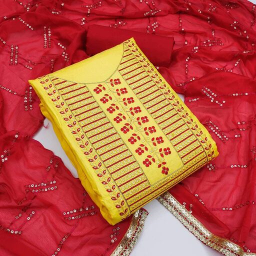 Yellow Festive Wear Sequence Embroidered Cotton Dress Material