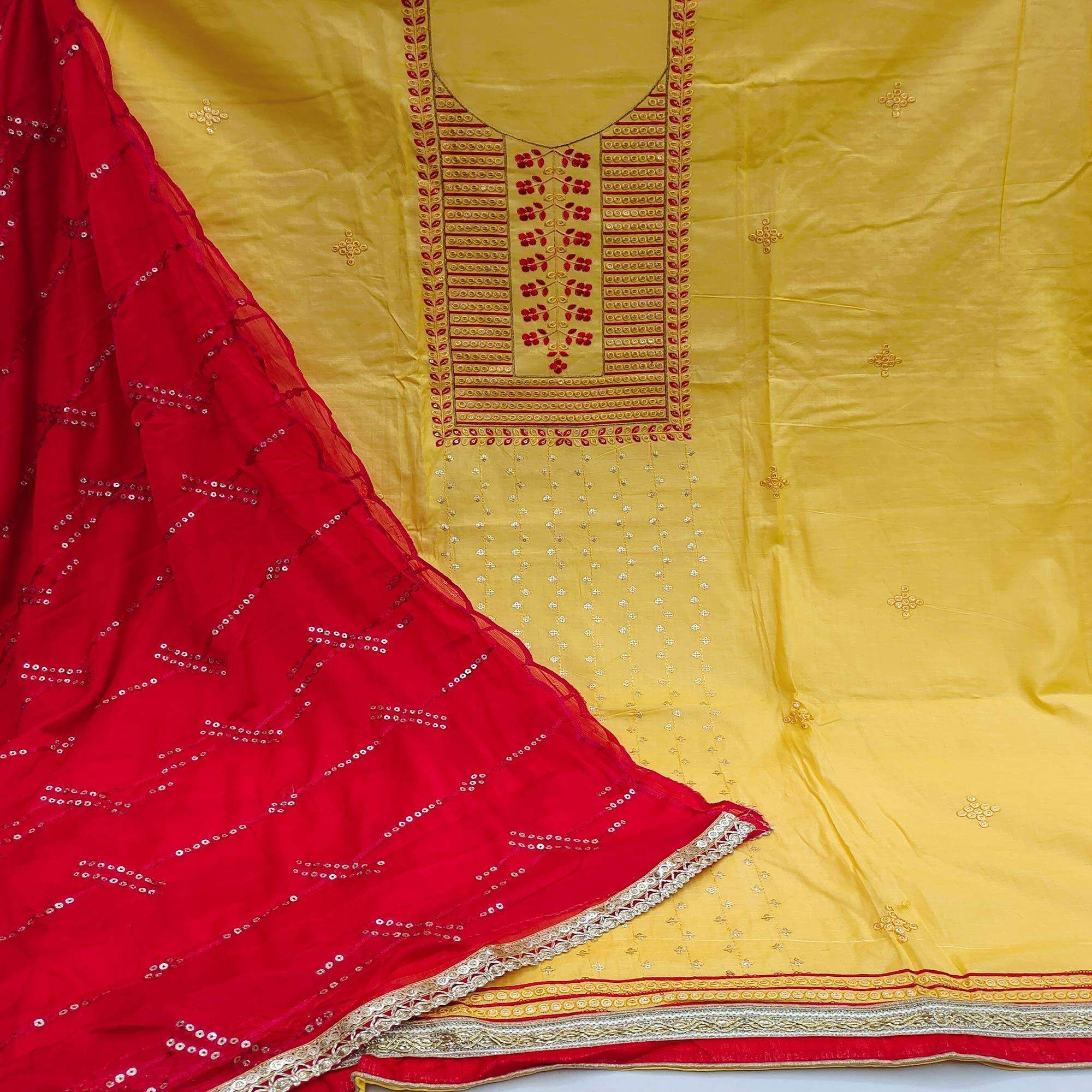 Yellow Festive Wear Sequence Embroidered Cotton Dress Material - Image 2