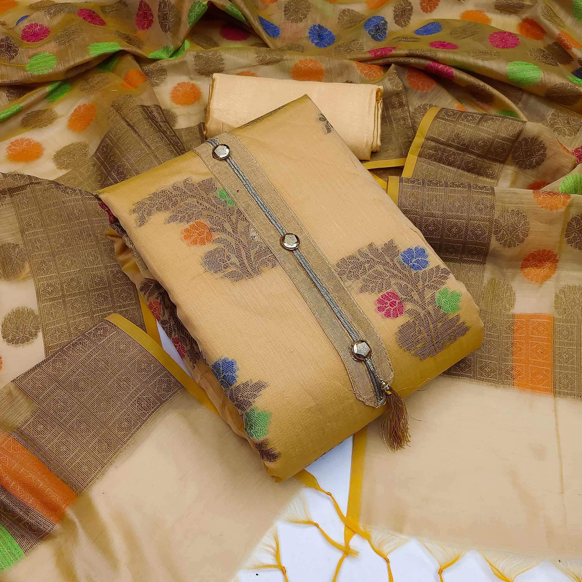 Chikoo Festive Wear Floral Woven Banarasi Silk Dress Material