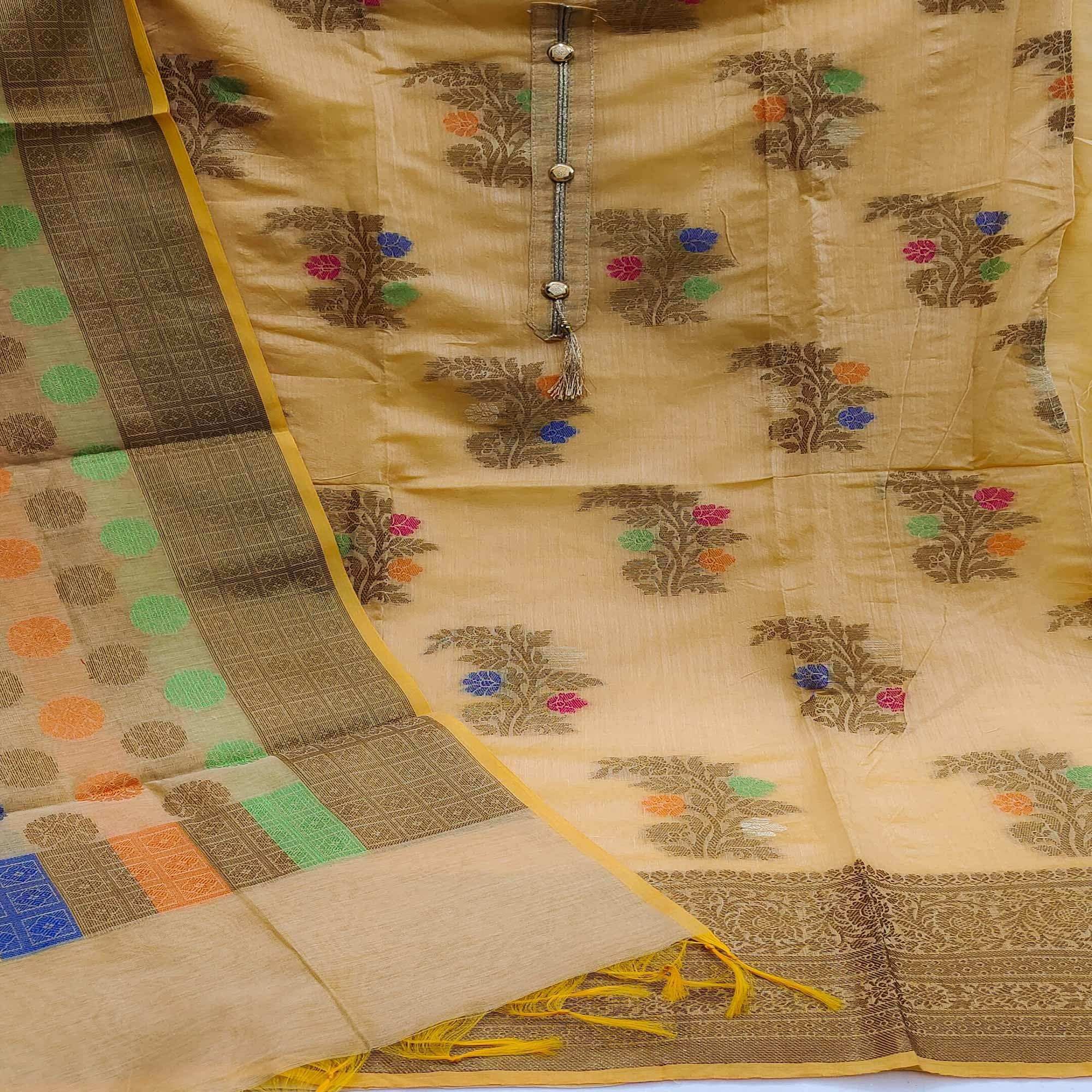 Chikoo Festive Wear Floral Woven Banarasi Silk Dress Material - Image 2