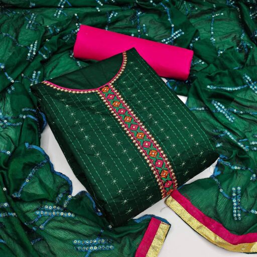 Green Festive Wear Floral Embroidered Cotton Dress Material