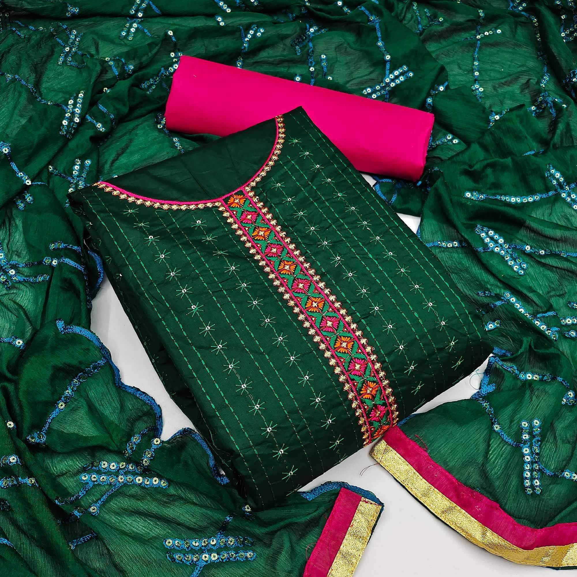 Green Festive Wear Floral Embroidered Cotton Dress Material