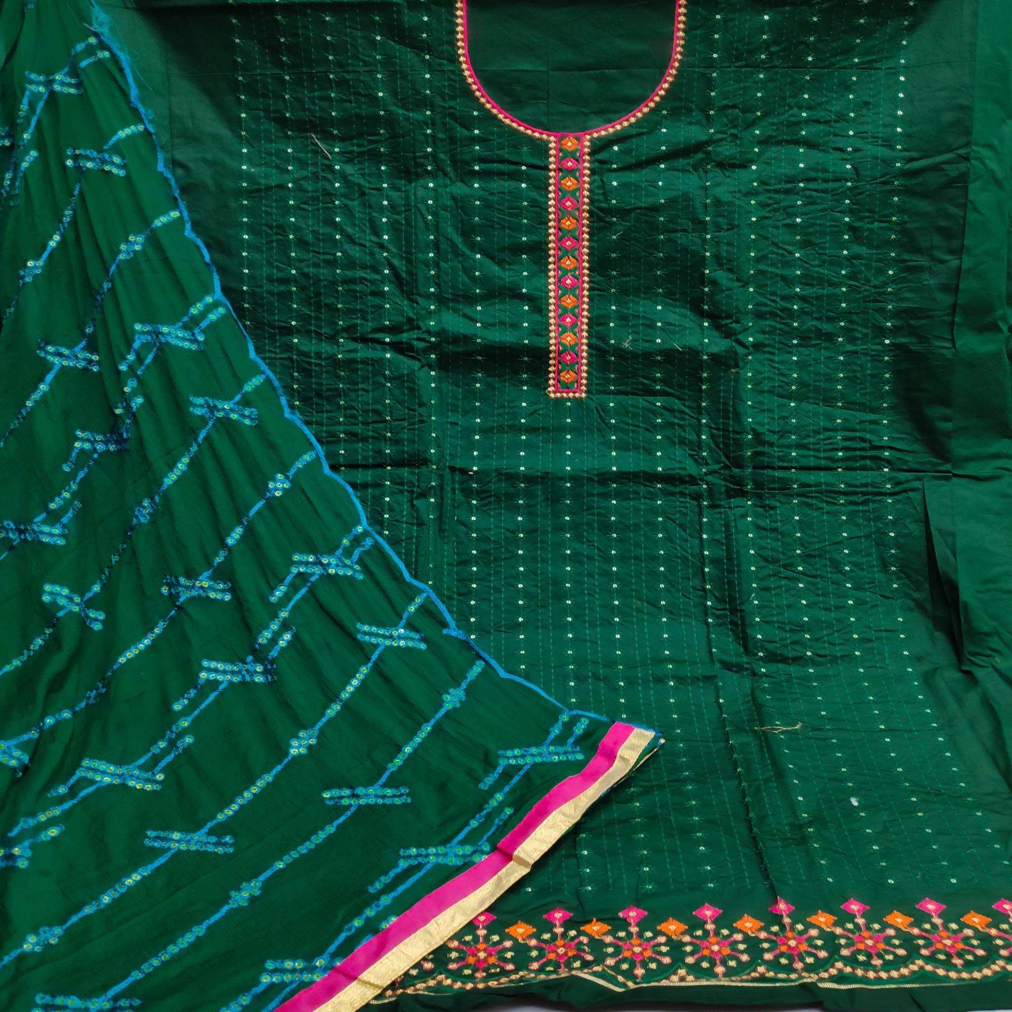 Green Festive Wear Floral Embroidered Cotton Dress Material - Image 2