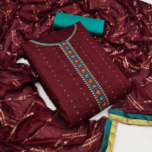 Maroon Festive Wear Floral Embroidered Cotton Dress Material