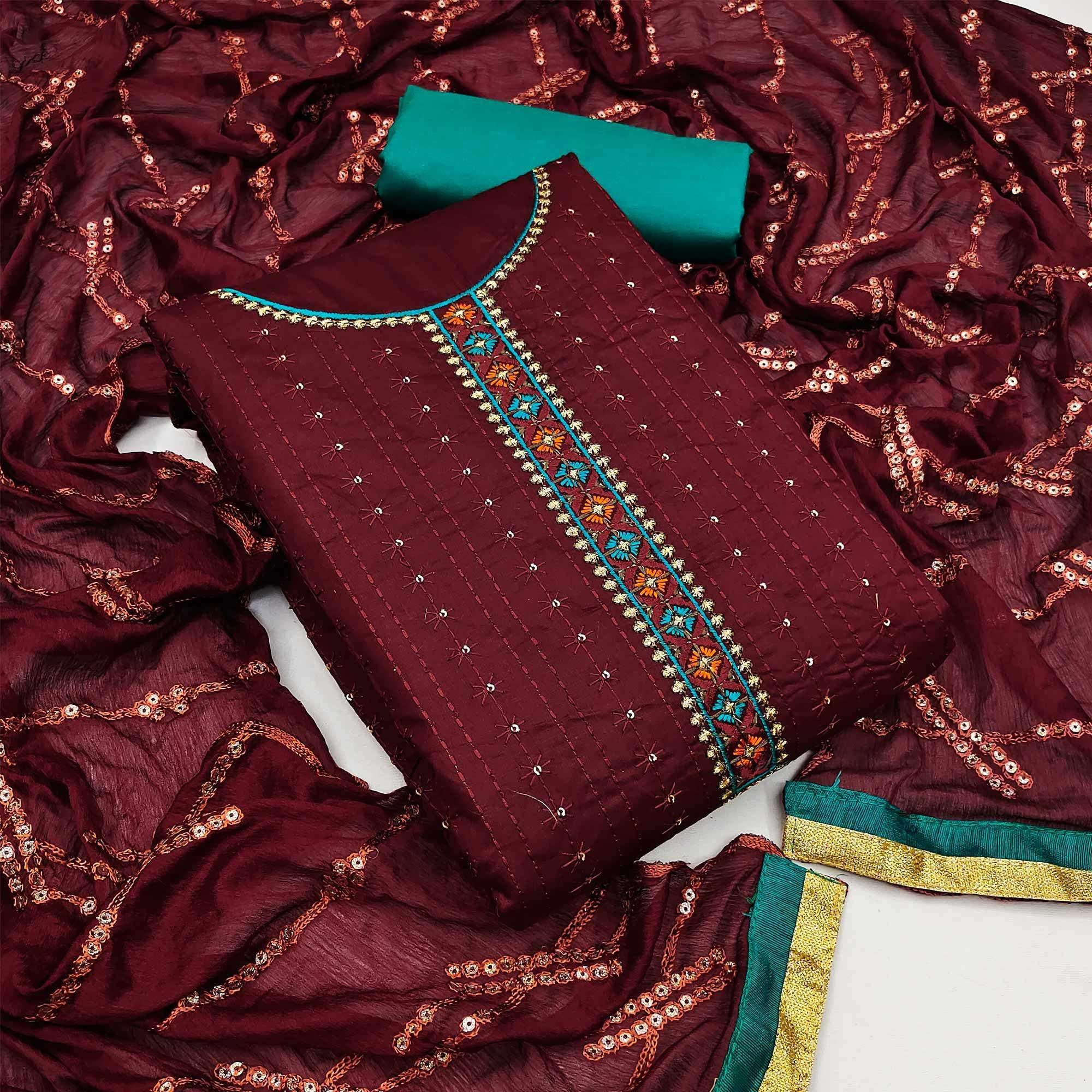 Maroon Festive Wear Floral Embroidered Cotton Dress Material