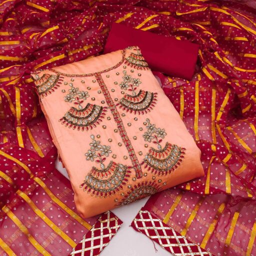 Peach Festive Wear Gota With Embellished Handwork Cotton Dress Material