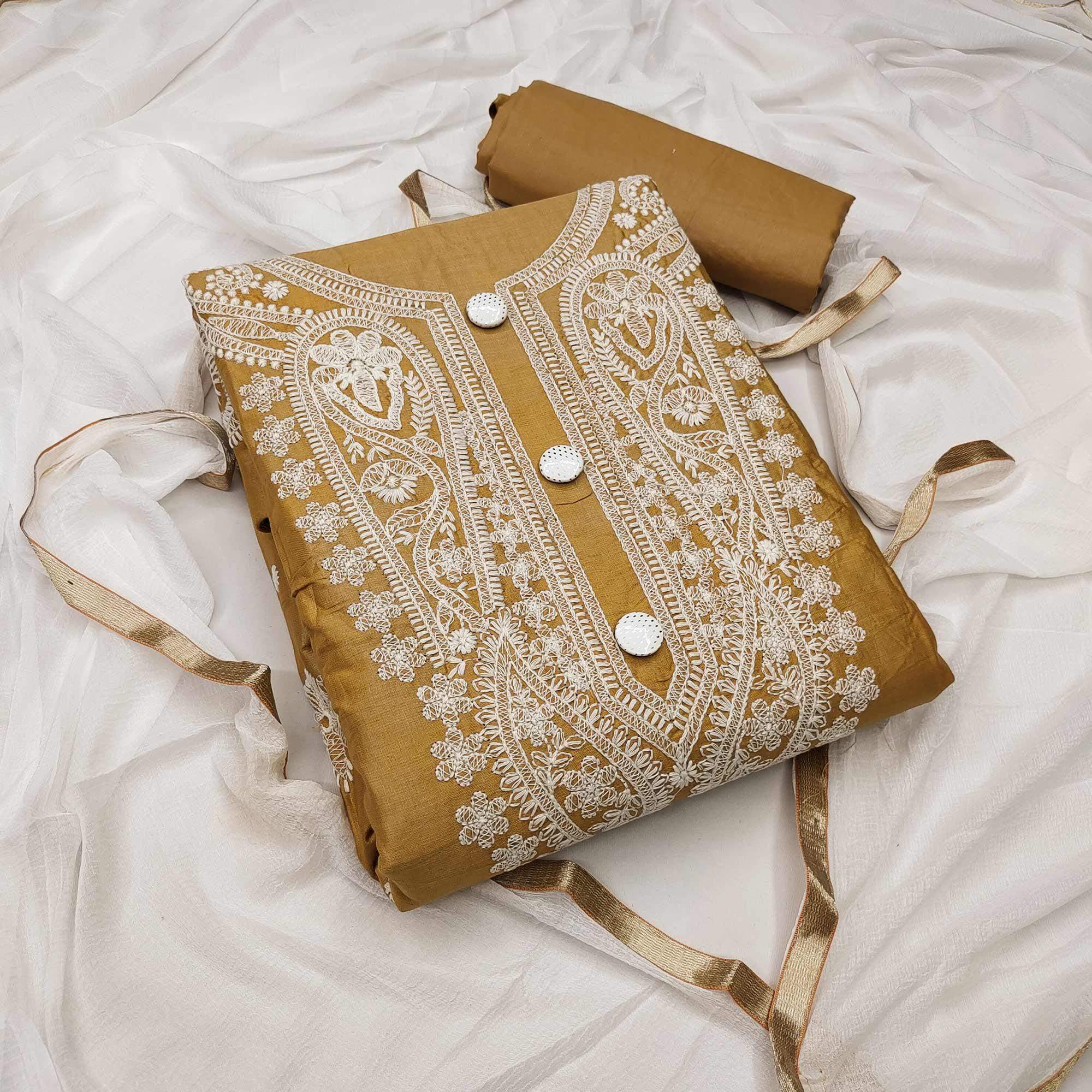Beige Festive Wear Floral Embroidered Cotton Dress Material
