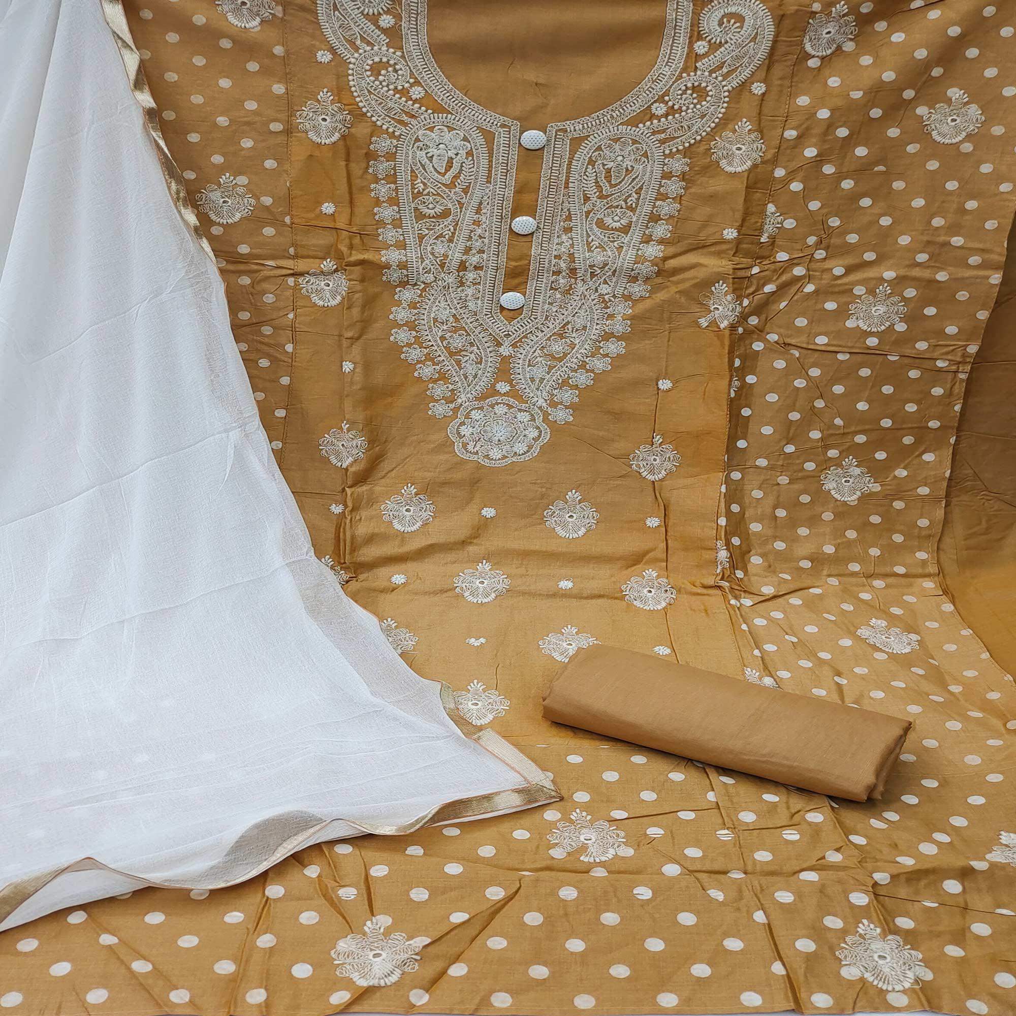 Beige Festive Wear Floral Embroidered Cotton Dress Material - Image 2