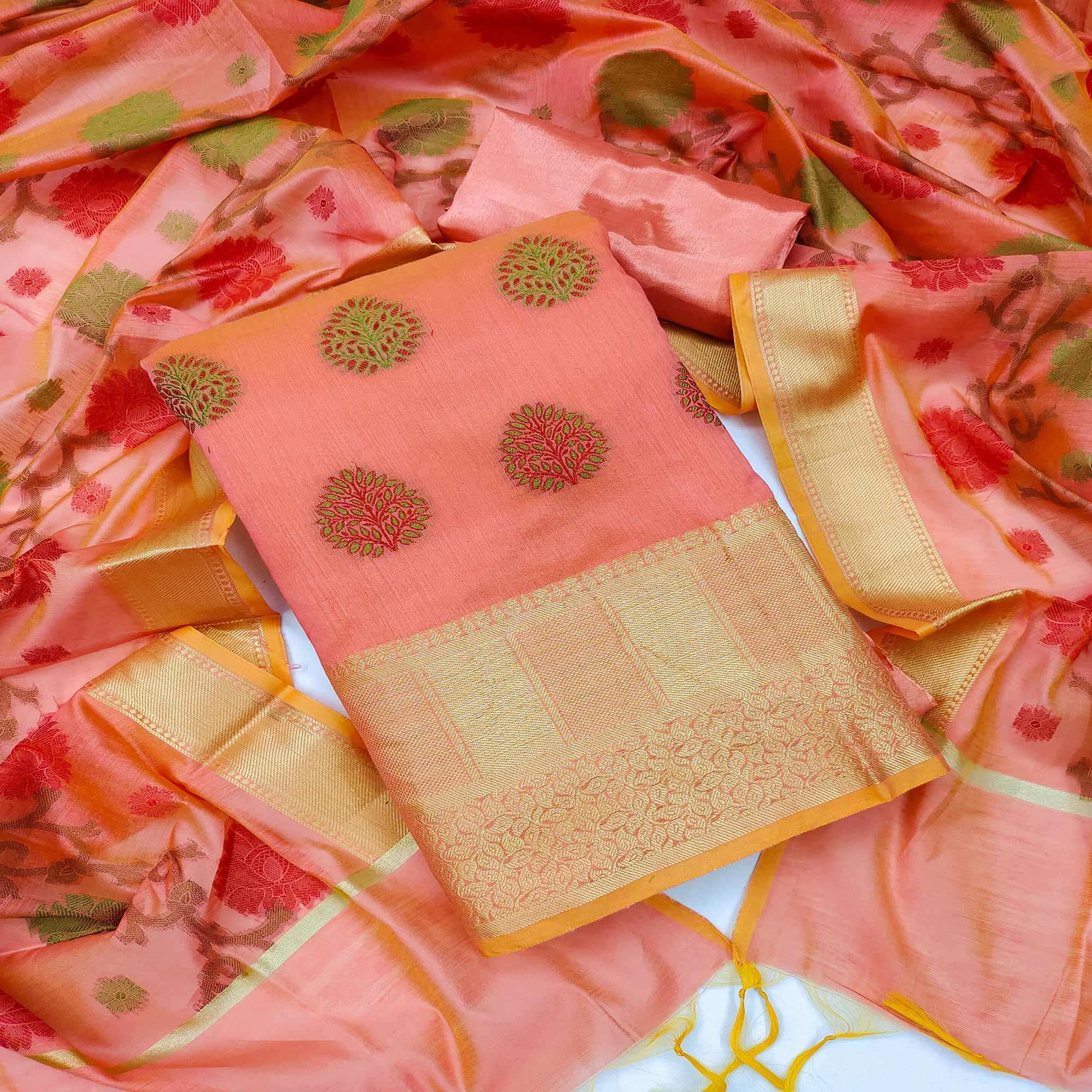 Peach Festive Wear Woven Banarasi Jacquard Dress Material