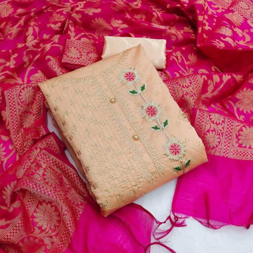 Brown Festive Wear Sequence Embroidered Chanderi Dress Material