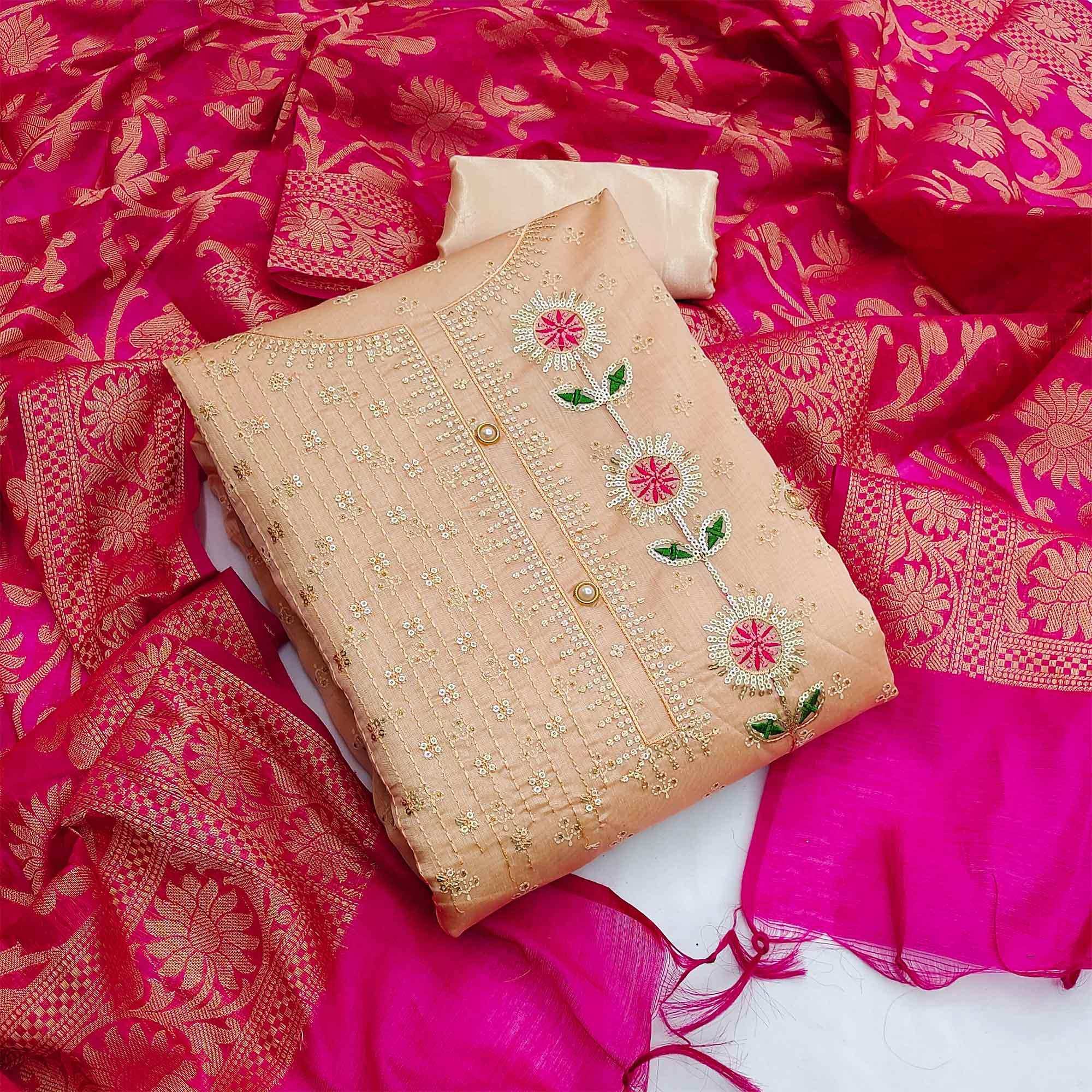 Brown Festive Wear Sequence Embroidered Chanderi Dress Material