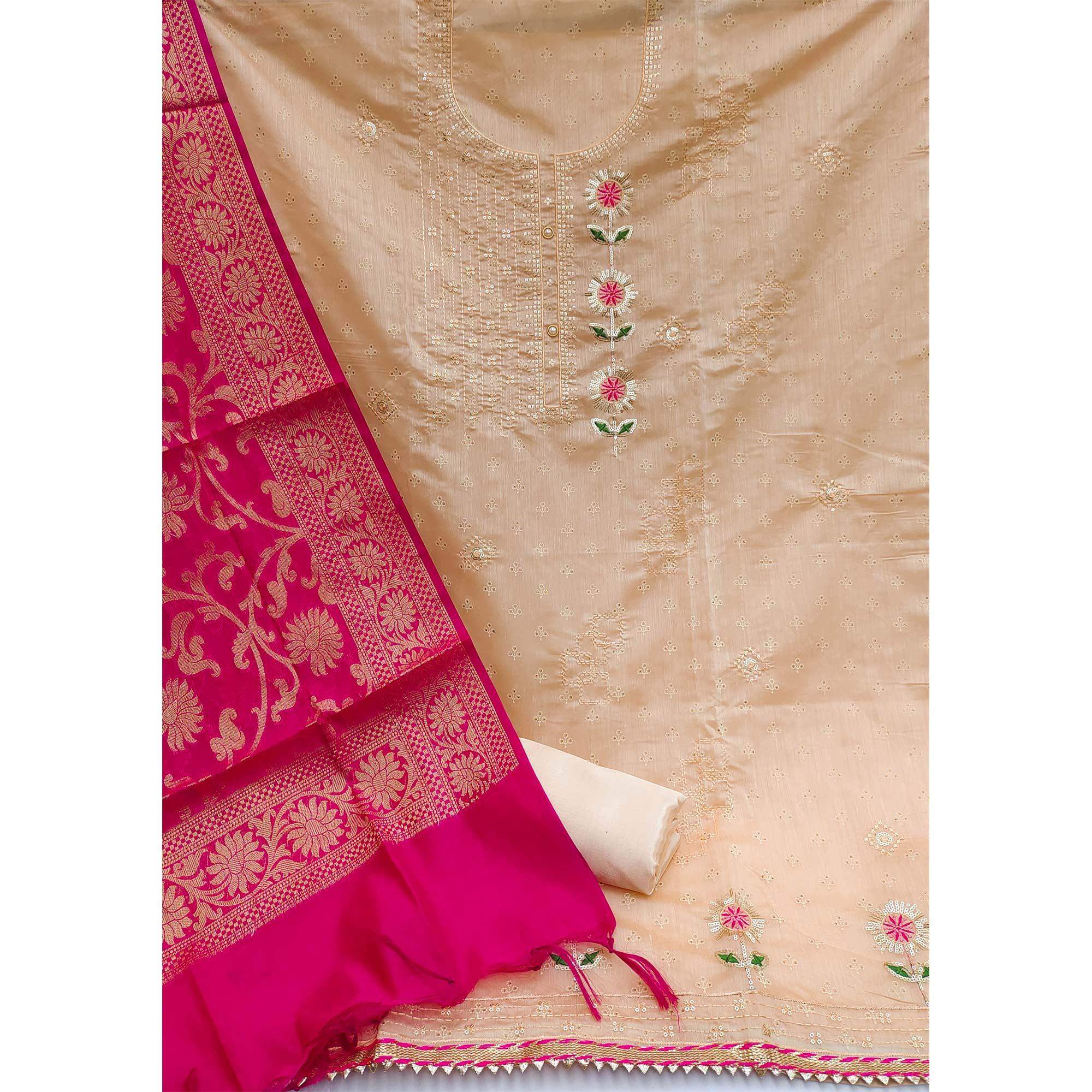 Brown Festive Wear Sequence Embroidered Chanderi Dress Material - Image 2