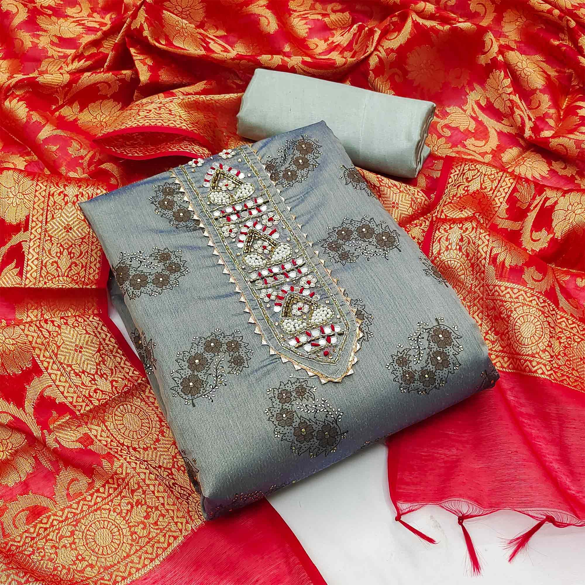Grey Festive Wear Embroidered Floral Printed Chanderi Dress Material