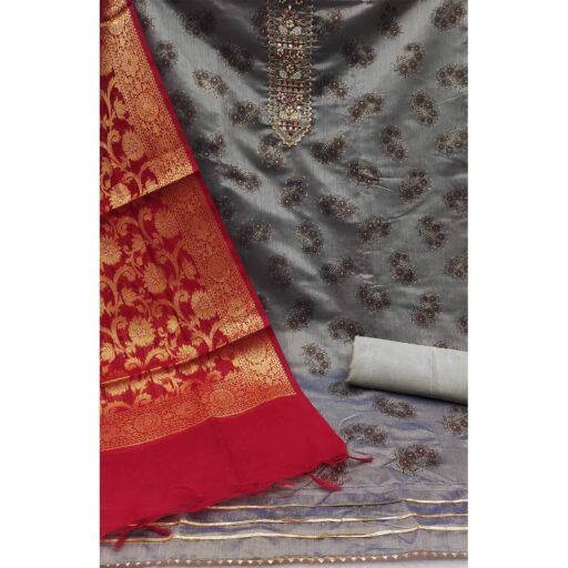 Grey Festive Wear Embroidered Floral Printed Chanderi Dress Material - Image 2