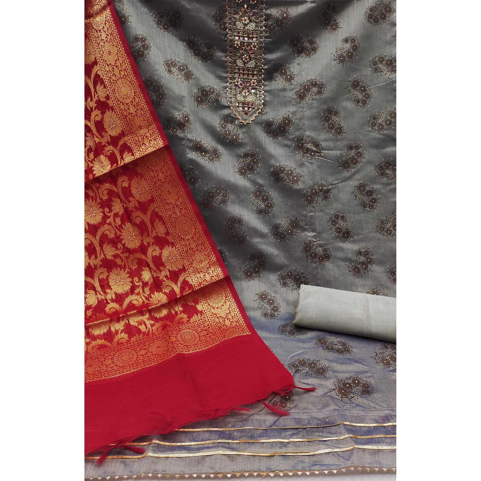 Grey Festive Wear Embroidered Floral Printed Chanderi Dress Material - Image 2