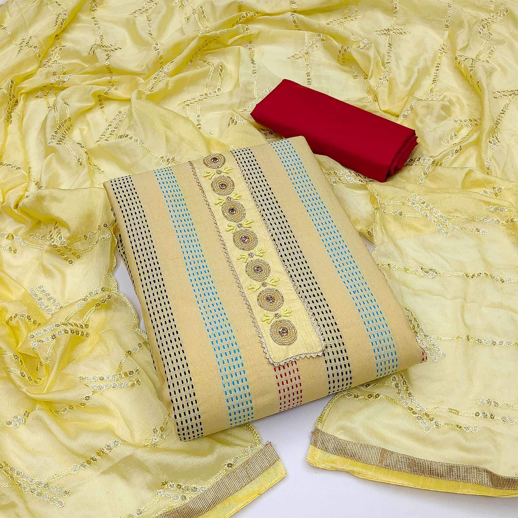 Yellow Festive Wear Embroidery With Embellished Cotton Dress Material