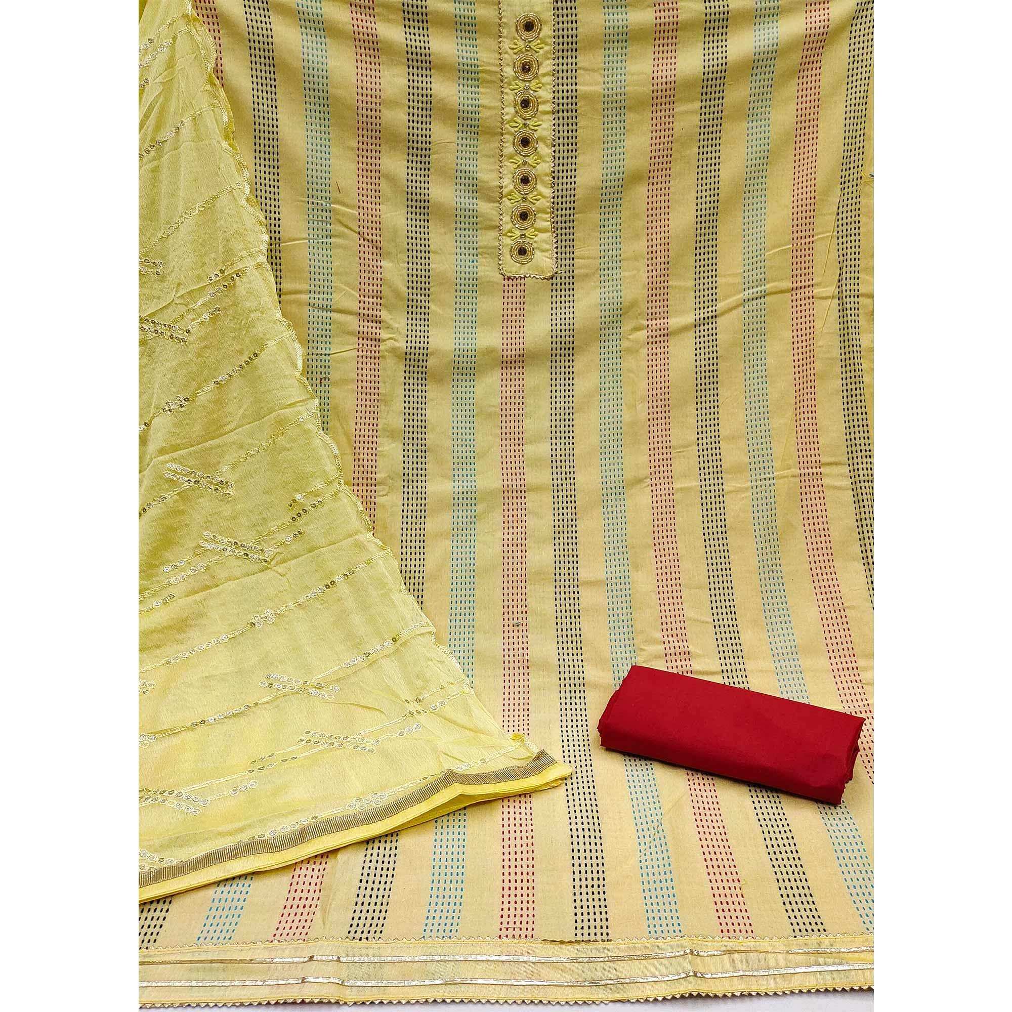 Yellow Festive Wear Embroidery With Embellished Cotton Dress Material - Image 2