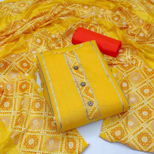 Yellow Festive Wear Gotta Patti With Bandhani Printed Cotton Dress Material