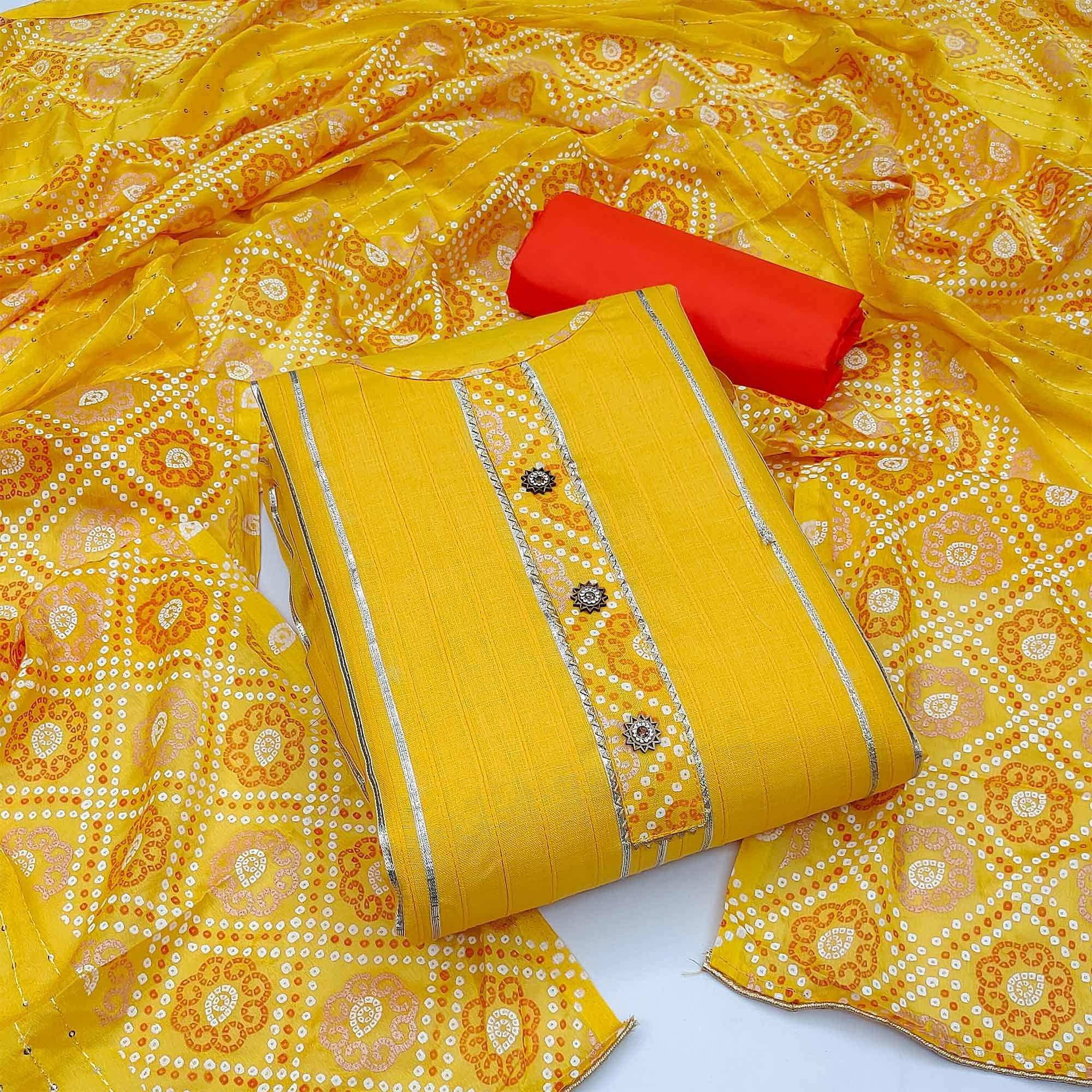 Yellow Festive Wear Gotta Patti With Bandhani Printed Cotton Dress Material
