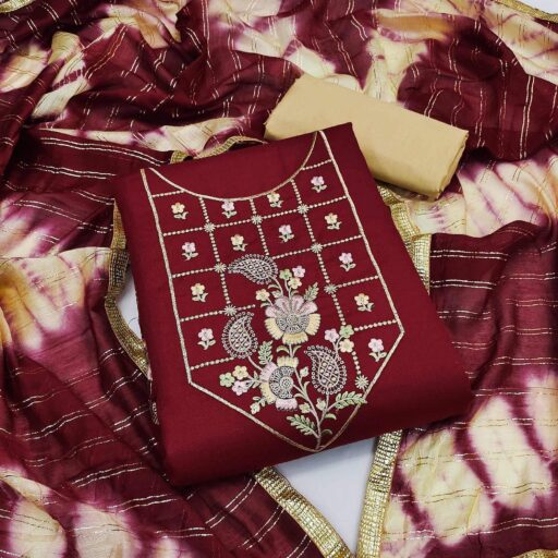 Maroon Embroidered Cotton Dress Material