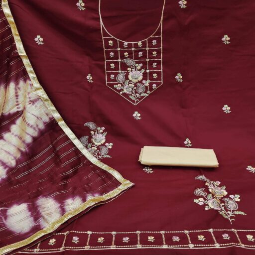 Maroon Embroidered Cotton Dress Material - Image 2