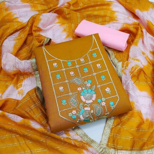 Mustard-Yellow Embroidered Cotton Dress Material