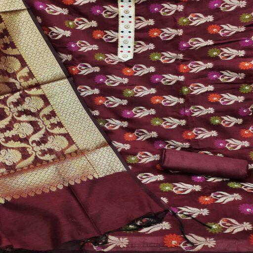 Maroon Woven Banarasi Dress Material - Image 2