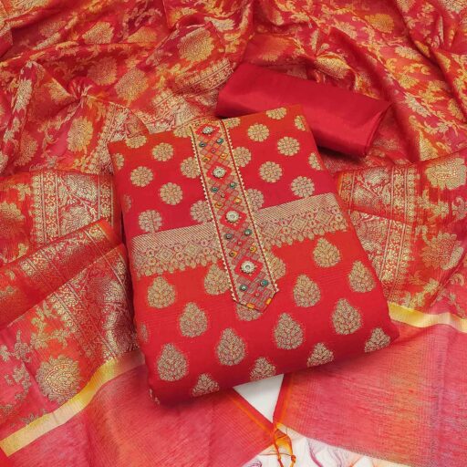 Red Woven Banarasi Dress Material