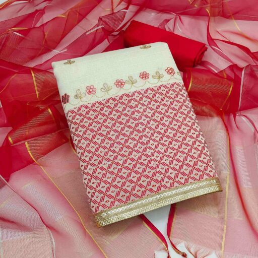 Pink Embroidered Jacquard Dress Material